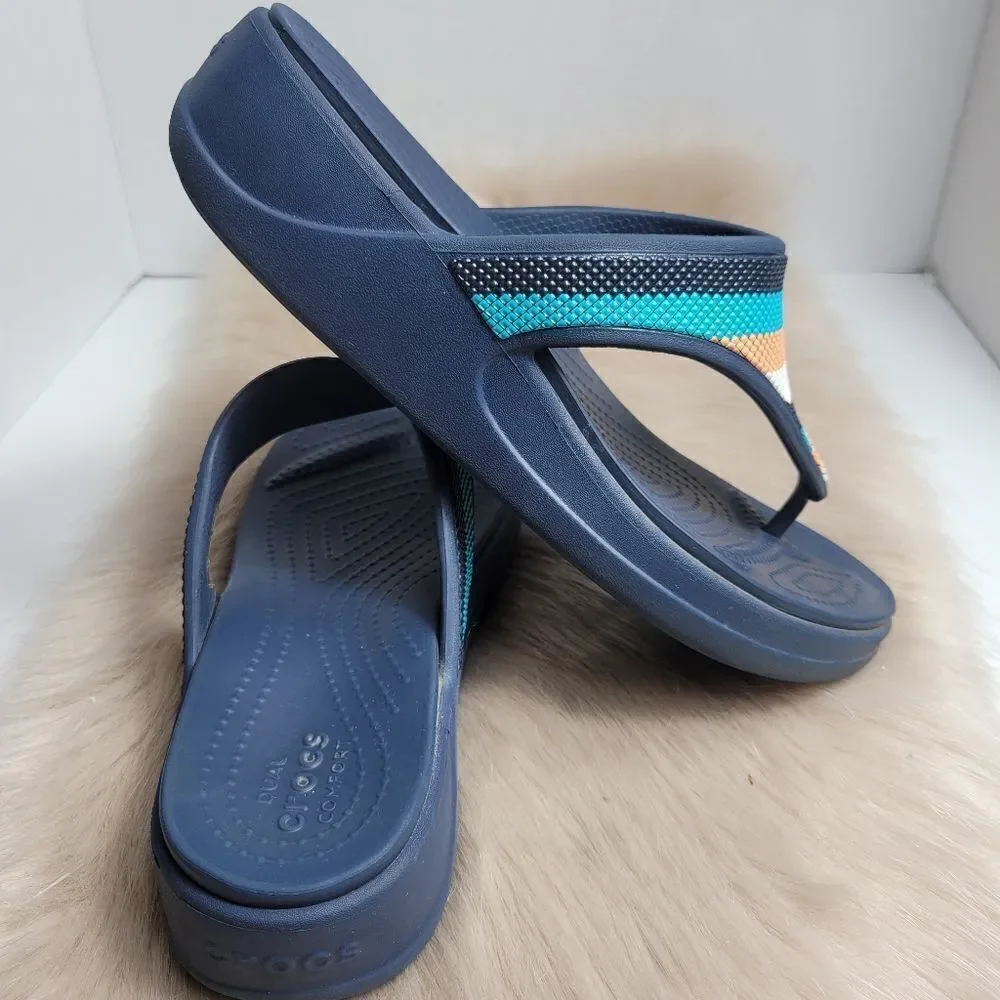Crocs Monterey Beaded Multicolor Women's Stripe Wedge Flip Flop Sandals